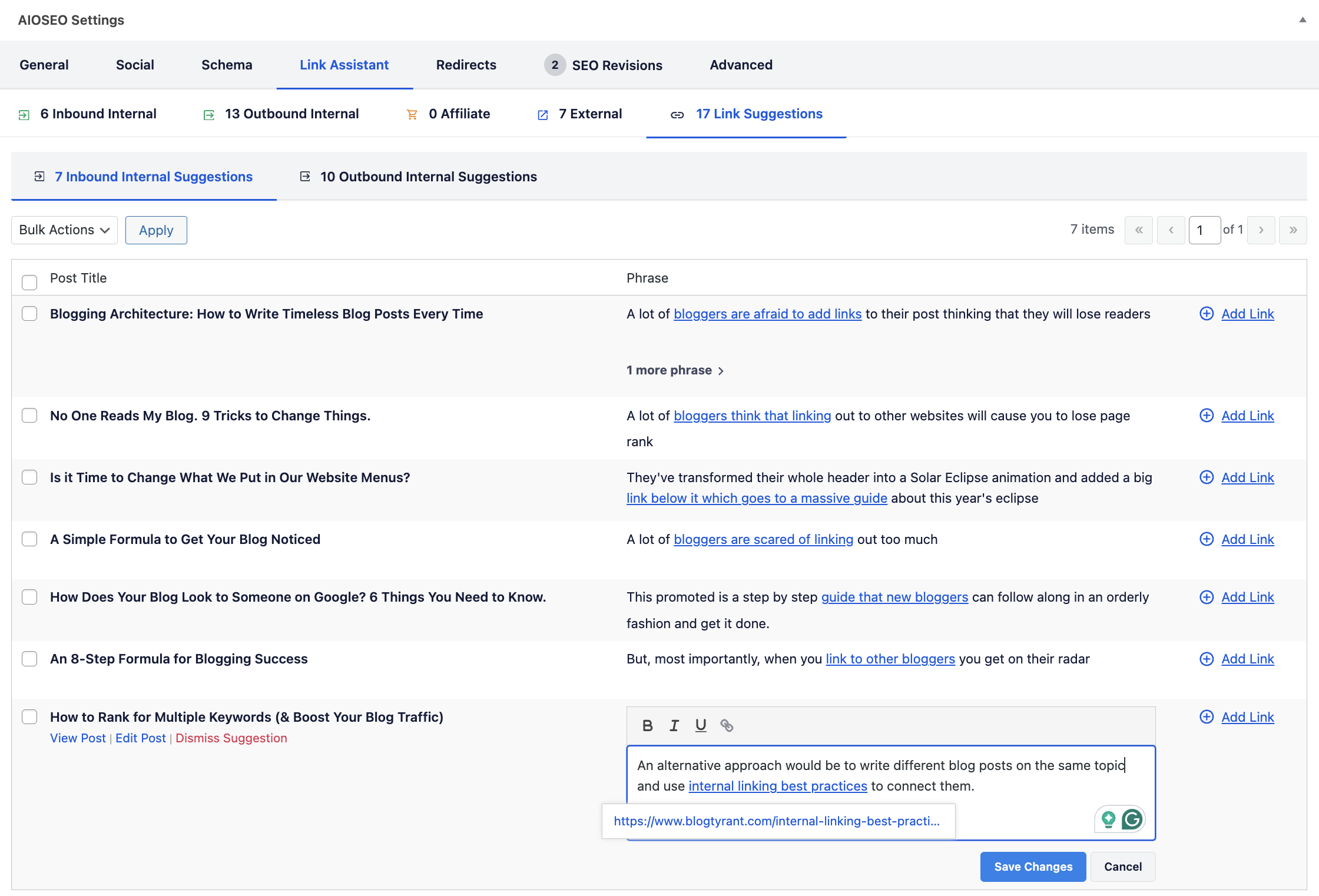 aioseo link assistant anchor text edit - Blog Tyrant edit anchor text and link placement for internal links with aioseo.