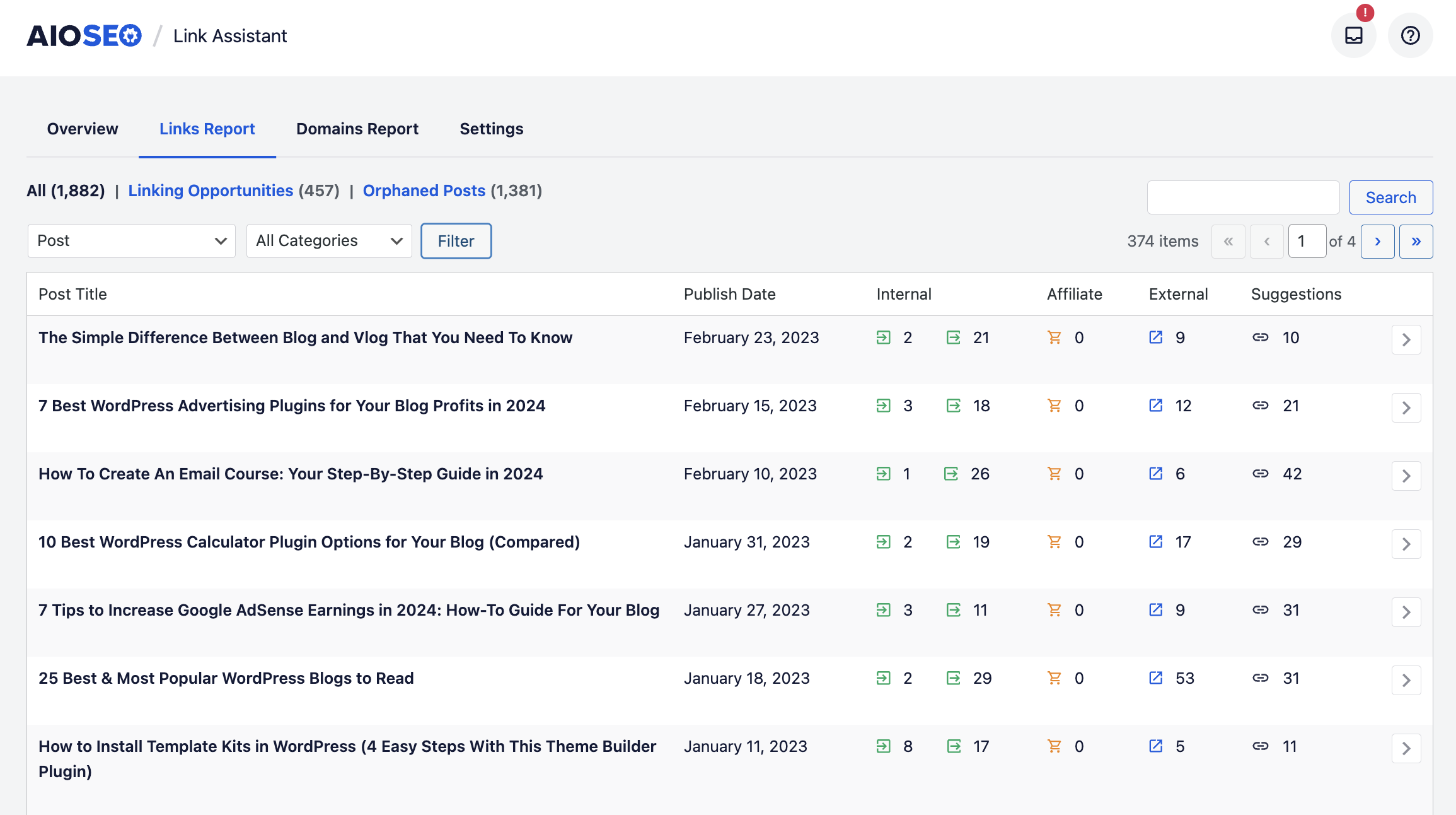 aioseo link assistant link report - Blog Tyrant aioseo's link assistant will give you internal linking suggestions automatically.