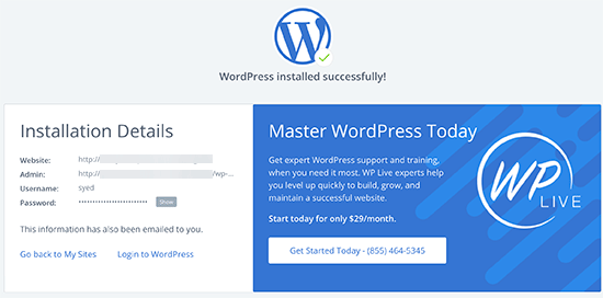 Success Message - install WordPress on bluehost - Blog Tyrant Success Message - install WordPress on bluehost