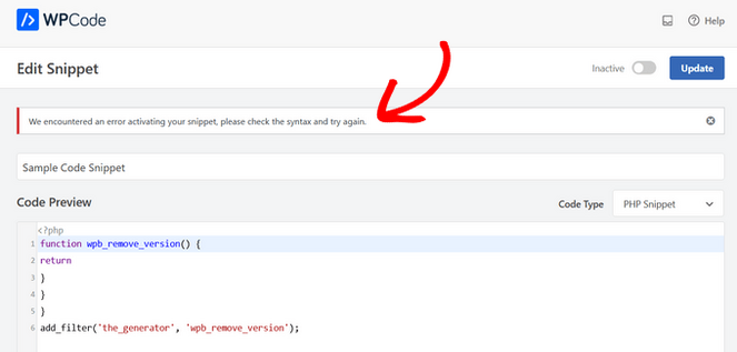 WPCode snippet error message - Blog Tyrant WPCode snippet error message